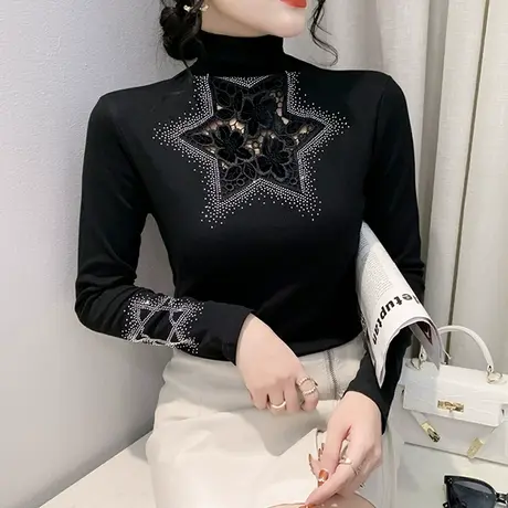 欧货高领打底衫女秋冬花边镂空性感修身上衣洋气长袖重工烫钻T恤商品大图