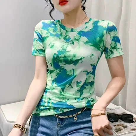 扎染印花上衣女短袖2023夏季新款性感网纱小衫气质减龄漂亮T恤ins图片