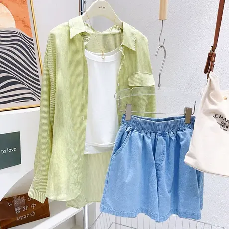 韩代款~夏季高级感薄款天丝衬衫清新竖条纹衬衣防晒外套微胖遮肉图片