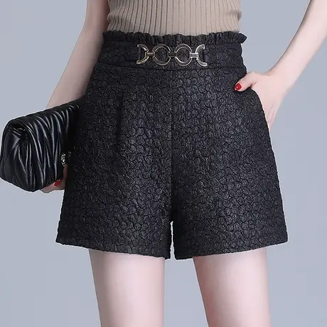 黑色提花短裤子女秋季2023新款高腰气质阔腿裤显瘦通勤a型休闲裤商品大图
