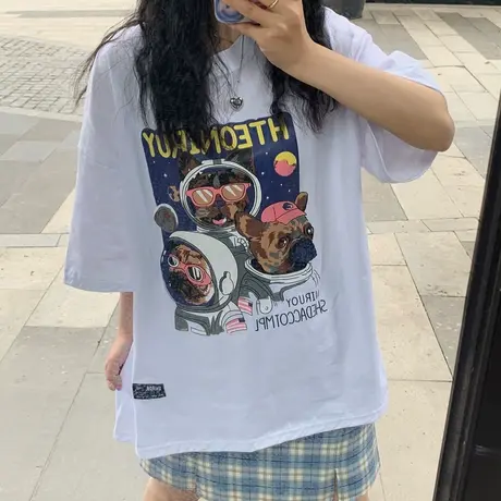 vintage短袖t恤女夏季纯棉宽松韩版ins设计感小众chic港味上衣服商品大图