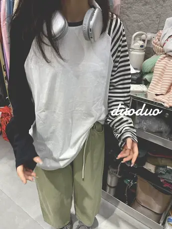 2023春装新款圆领纯色净版拼色袖宽松BF长袖T恤女打底衫百搭上衣商品大图