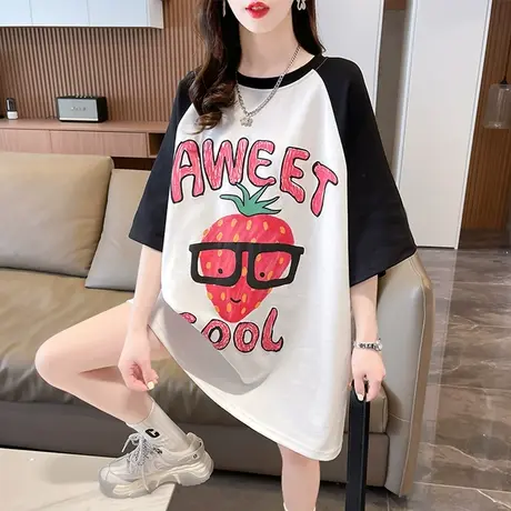 小众设计感短袖t恤女夏装韩版宽松大码中长款撞色百搭连衣裙子潮图片