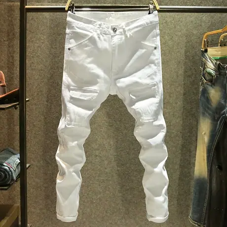 白色高端工装牛仔裤男款潮牌修身小脚裤夏季立体裁剪显瘦帅气长裤商品大图