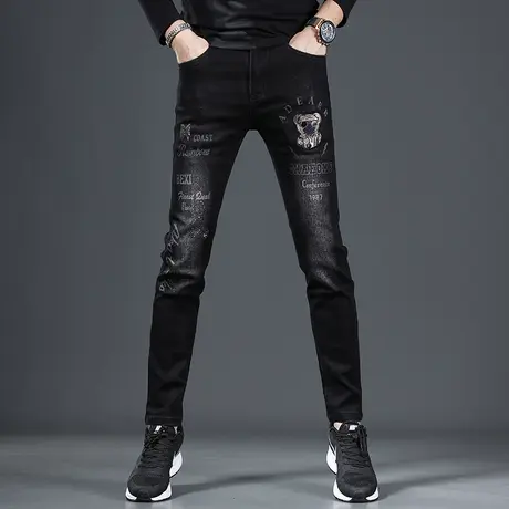 牛仔裤男秋冬季2023年新款黑色修身小脚个性印花刺绣男士厚款裤子商品大图