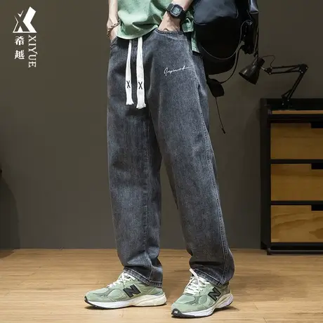 希越秋冬复古黑色系带牛仔裤男潮流秋季直筒宽松大码胖子休闲长裤商品大图