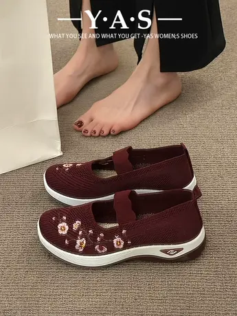 春夏季新款浅口妈妈鞋软底防滑一脚蹬飞织透气女鞋夏季老北京布鞋商品大图