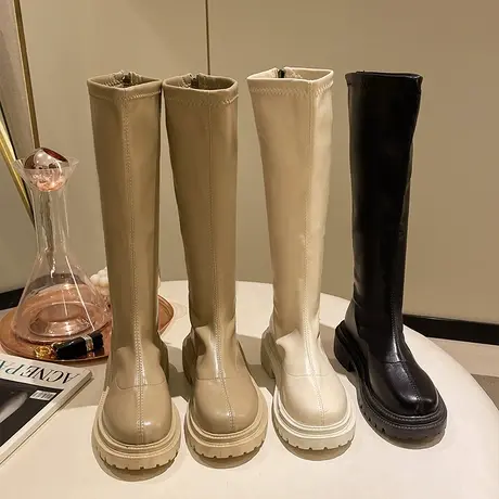 长筒靴女骑士靴粗腿2024新款秋冬厚底胖mm大筒围高筒奶茶白色长靴图片