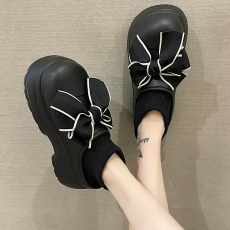 时尚蝴蝶结棉拖鞋女士冬季加绒保暖防水防滑外穿厚底增高包跟棉鞋商品大图