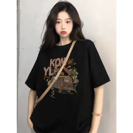 美式复古黑色短袖t恤女夏季胖mm大码oversize显瘦时髦上衣2-300斤商品大图
