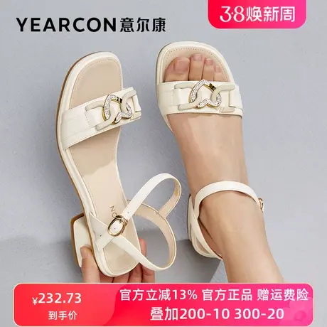 意尔康凉鞋女2024年新款夏季一字带上班简约中跟露趾时装粗跟凉鞋图片