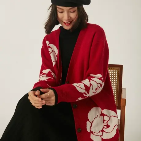 山羊绒毛针织衫开衫秋冬新款女士宽松立体白玫瑰v领休闲外套W842图片