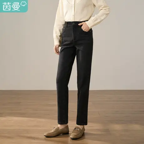 【商场同款】茵曼冬女装新款复古纽扣弹力松紧腰萝卜牛仔裤图片