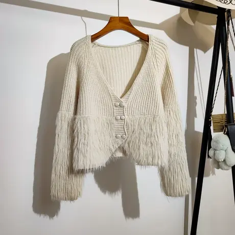 小香风针织拼接毛毛开衫女秋冬新款韩系宽松v领气质长袖毛衣外套商品大图