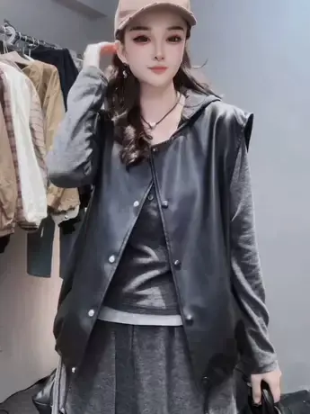 欧货pu皮马甲女秋季2023新款设计感小众下摆抽绳无袖坎肩马夹外套商品大图