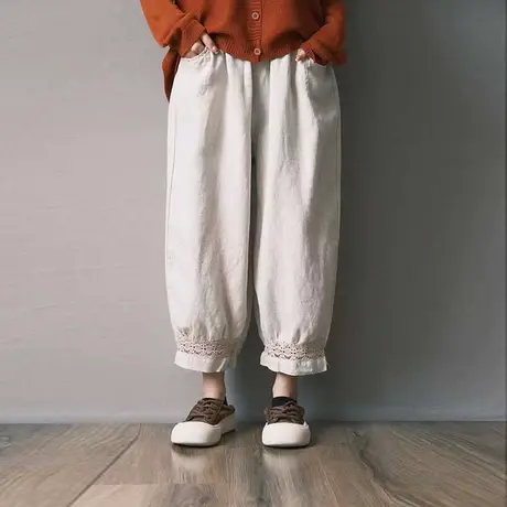 dza高腰显瘦120支细支纯亚麻九分裤子女士夏季薄款宽松裤腿棉麻裤图片