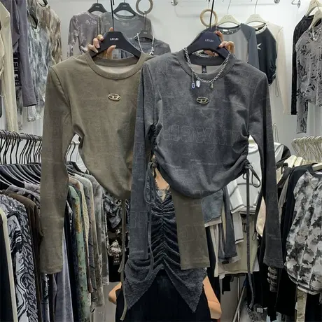 金属标系带收腰暗纹花垫肩长袖T恤女2023秋韩版时髦圆领显瘦短款t图片