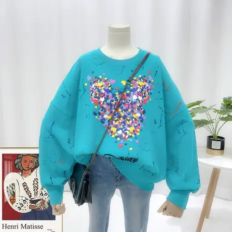 卫衣女春秋薄款2021新款韩版ins潮涂鸦字母宽松大码无帽套头上衣商品大图