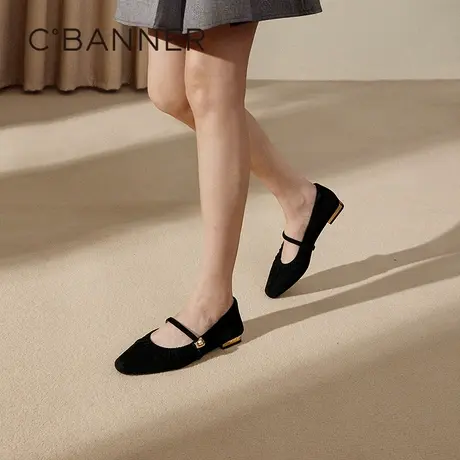 千百度羊皮蛇皮纹玛丽珍鞋女款2025春季新款低跟平底休闲浅口单鞋图片