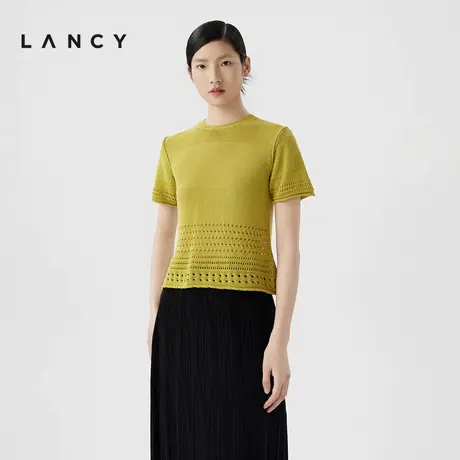 LANCY/朗姿2024夏季新款圆领宽松短袖镂空真丝针织衫女气质短上衣商品大图