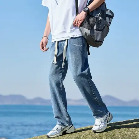唐狮春夏季新款抽绳牛仔裤男宽松阔腿直筒裤美式潮牌时尚裤子男图片