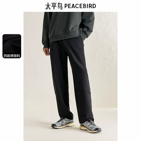 太平鸟男装休闲裤冬季新款直筒刺绣防泼水黑色户外弹力长裤潮商品大图