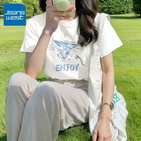KWV真维斯白色短袖t恤女2025新款夏季纯棉打底衫女遮肚子显瘦上衣商品大图