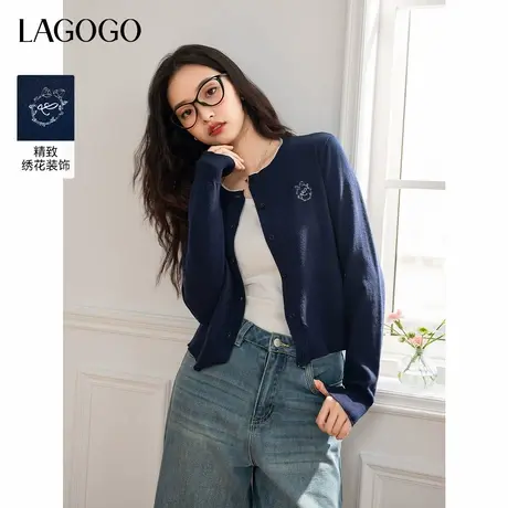 【抗起球】LAGOGO藏青色圆领针织衫女拉谷谷2025春秋新款短款毛衣图片