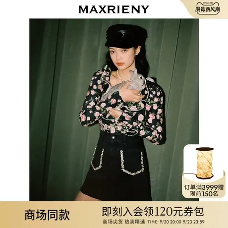 【商场同款】MAXRIENY黑底玫瑰印花复古上衣女2023春宫廷风设计感商品大图