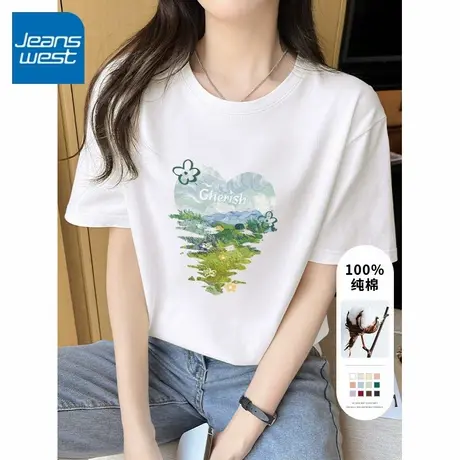 KV真维斯白色短袖t恤女2025新款 休闲风纯棉别致圆领独特上衣女夏商品大图