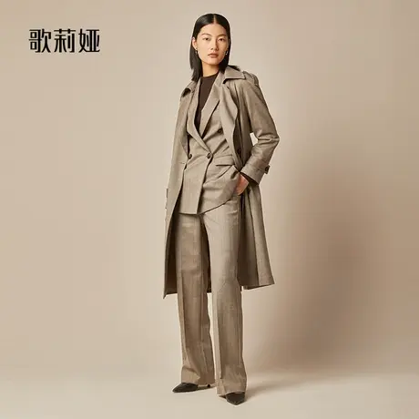 歌莉娅水洗羊毛风衣女秋冬新款气质通勤中长款翻领外套119L6L520图片