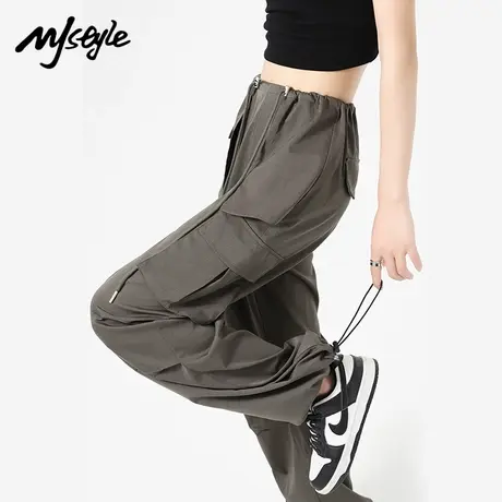 MJ STYLE美式复古抽绳褶皱阔腿工装裤女2025夏季高腰小个子休闲裤图片