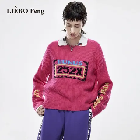 裂帛LIEBOFeng设计师品牌Y2K荧光玫红色宽松慵懒风活泼像素风毛衣图片