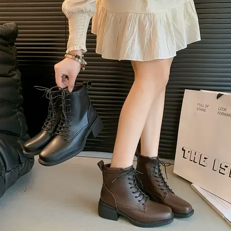 时尚百搭马丁靴女2025年新款秋季系带英伦风高跟靴粗跟气质短筒靴商品大图