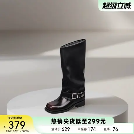 St&Sat/星期六方头擦色骑士靴2025秋冬金属扣显瘦牛仔筒靴商品大图