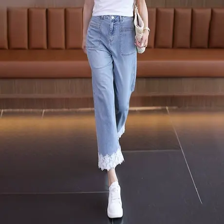 拉夏贝尔蕾丝浅蓝色牛仔裤女夏2025新款高腰九分时尚直筒裤小个子商品大图