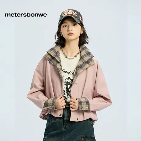 美特斯邦威短夹克女2025秋季新款潮流假两件格纹拼接耐磨短款外套图片