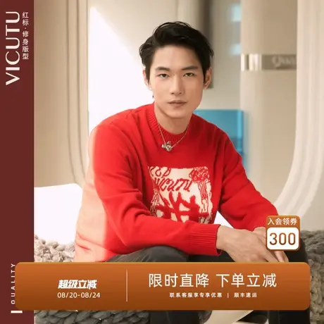 VICUTU威可多男士毛衣舒适圆领长袖针织衫休闲百搭红色羊毛羊绒衫商品大图