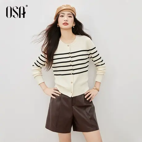 OSA欧莎经典复古条纹针织衫女2025秋季新款圆领软糯长袖开衫上衣图片