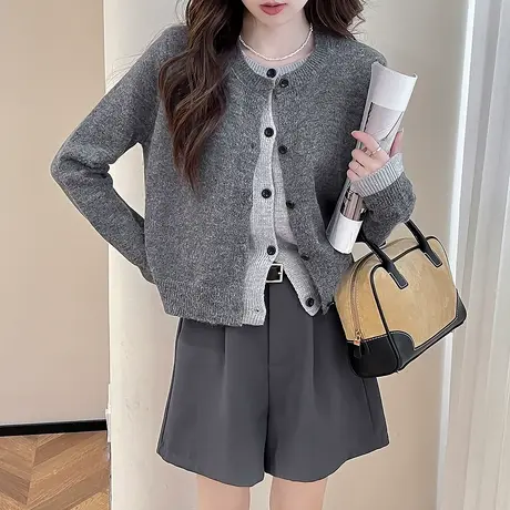 唐狮秋冬毛衣女经典百搭假两件圆领开衫针织外套春秋高级感潮tu图片