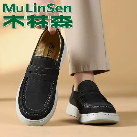 木林森真皮男鞋春季新款头层牛皮软底休闲皮鞋男士一脚蹬乐福鞋子商品大图