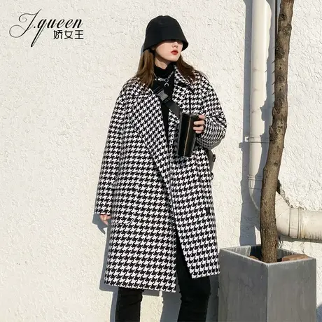 千鸟格毛呢大衣女加棉中长款冬季新款韩版宽松气质复古呢子外套潮商品大图