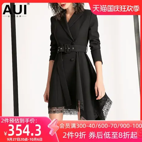 AUI黑色设计感中长款西装外套女2023春秋新款小众职业修身西服裙商品大图