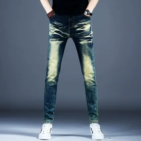 秋款新款美式复古牛仔裤男款黄泥水洗高街个性潮流裤子男小脚修身商品大图