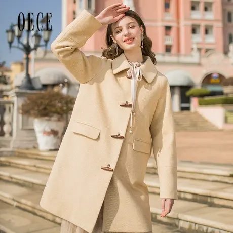 【买1送1】Oece秋冬装新款学院女生减龄牛角扣复古翻领人字呢大衣图片