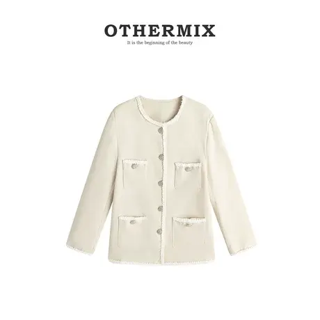 othermix花边宽松上衣外套女2023秋季新款圆领气质百搭小香风外套图片