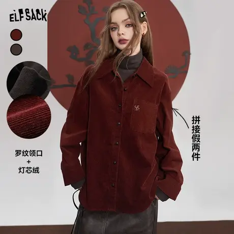 妖精的口袋假两件格子衬衫女2023冬新款灯芯绒复古设计感格纹衬衣图片