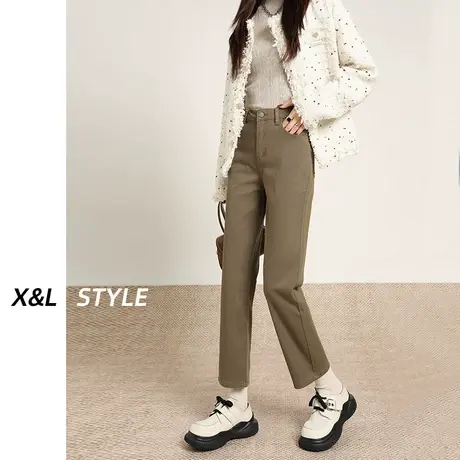 卡其色直筒牛仔裤女秋冬2023年新款高腰显瘦小个子九分法棍烟管裤图片