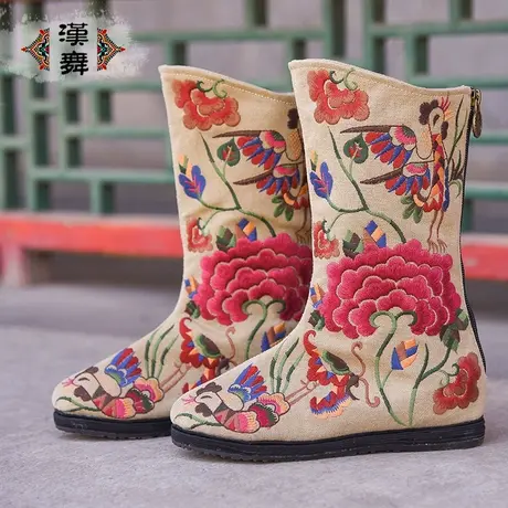 汉舞民族风中筒女靴绣花女单靴千层底布鞋后拉链靴子 姹紫嫣红商品大图