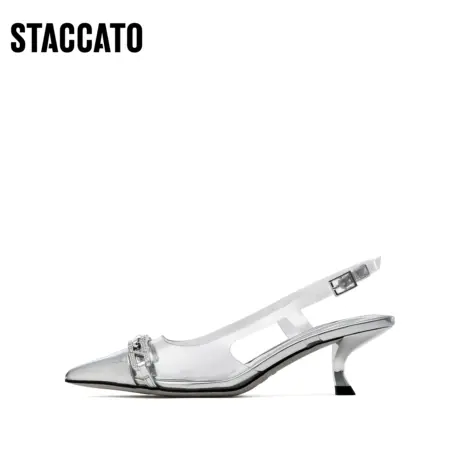 思加图新款仙女风包头凉鞋酒杯跟透明后空凉鞋女银色EDK41AH3商品大图